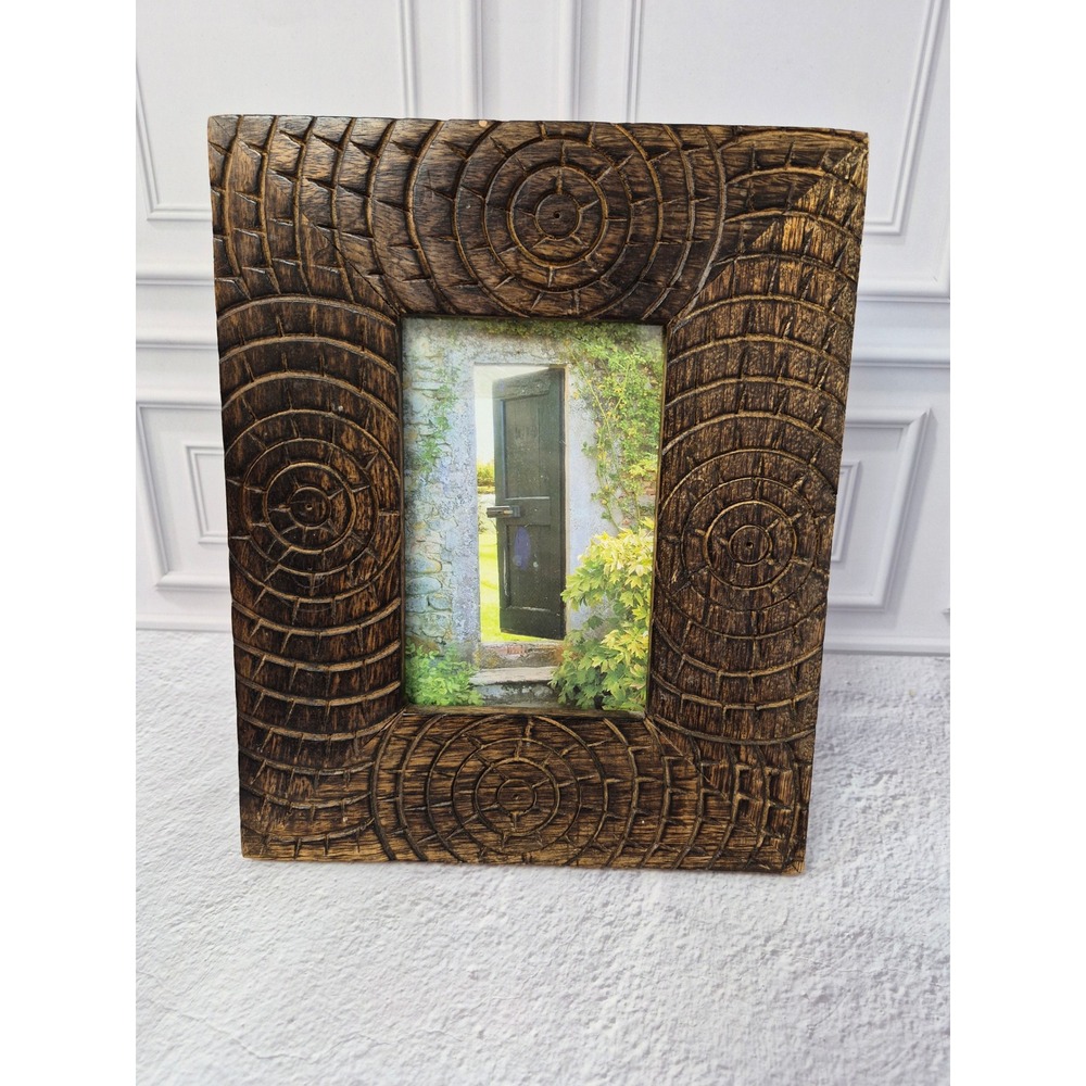 Hand Carved Wood Picture Frame 4x6 Rustic Geometric Boho Brown Made in India